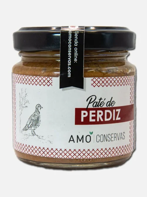 Tarro de paté de perdiz de la marca Amó, con tapa negra y etiqueta blanca, ideal para aperitivos gourmet y recetas.