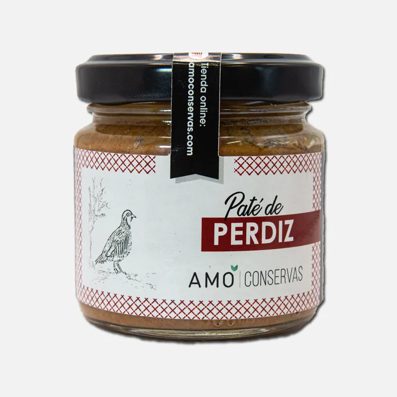 10 Tarro de paté de perdiz de la marca Amó, con tapa negra y etiqueta blanca, ideal para aperitivos gourmet y recetas.