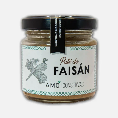 Tarro de paté de faisán de la marca Amo Conservas, con etiqueta blanca y diseño elegante, ideal para aperitivos gourmet.