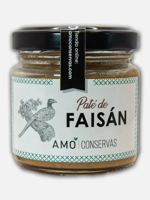 Tarro de paté de faisán de la marca Amo Conservas, con etiqueta blanca y diseño elegante, ideal para aperitivos gourmet.