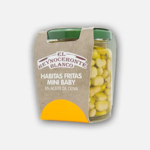 Frasco de habas fritas con tapa verde, presentado en un envase transparente y etiqueta de la marca "El Synecrotte Blanco". Ideal para snacks saludables.