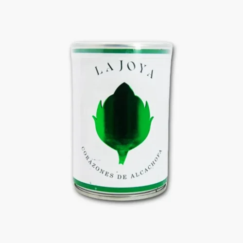 Lata de corazones de alcachofa de la marca La Joya, con diseño elegante y minimalista, ideal para ensaladas y platos gourmet.