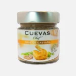 Tarro de crema de castaña de la marca Cuevas Chef, con tapa plateada y etiqueta colorida que destaca el producto. Ideal para untar o usar en recetas gourmet.