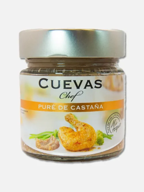 Tarro de crema de castaña de la marca Cuevas Chef, con tapa plateada y etiqueta colorida que destaca el producto. Ideal para untar o usar en recetas gourmet.