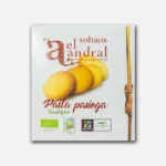 Paquete de sobaos "El Andral", un dulce típico de la región, con tres sobaos amarillos en la parte frontal y etiquetado como producto ecológico.