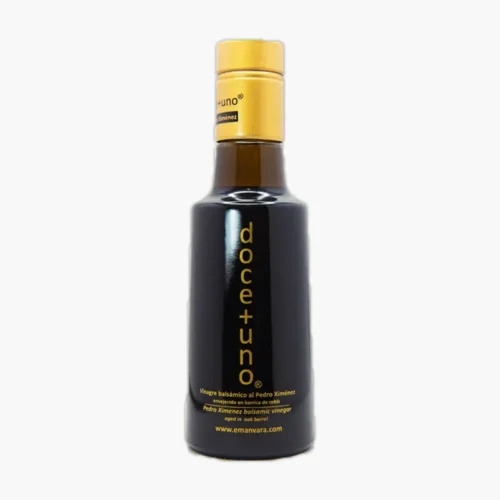 Botella de aceite de oliva virgen extra de la marca Doceuno, con diseño elegante y tapa dorada, ideal para aderezar ensaladas y platos gourmet.