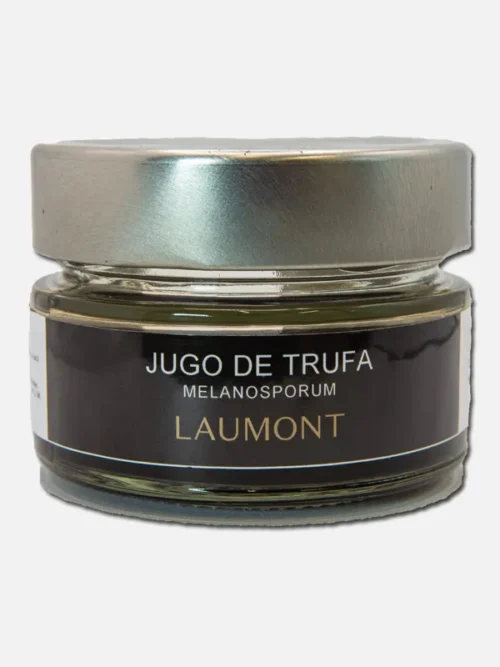 Frasco de vidrio con tapa metálica que contiene jugo de trufa de la marca Laumont, ideal para realzar sabores en platos gourmet.