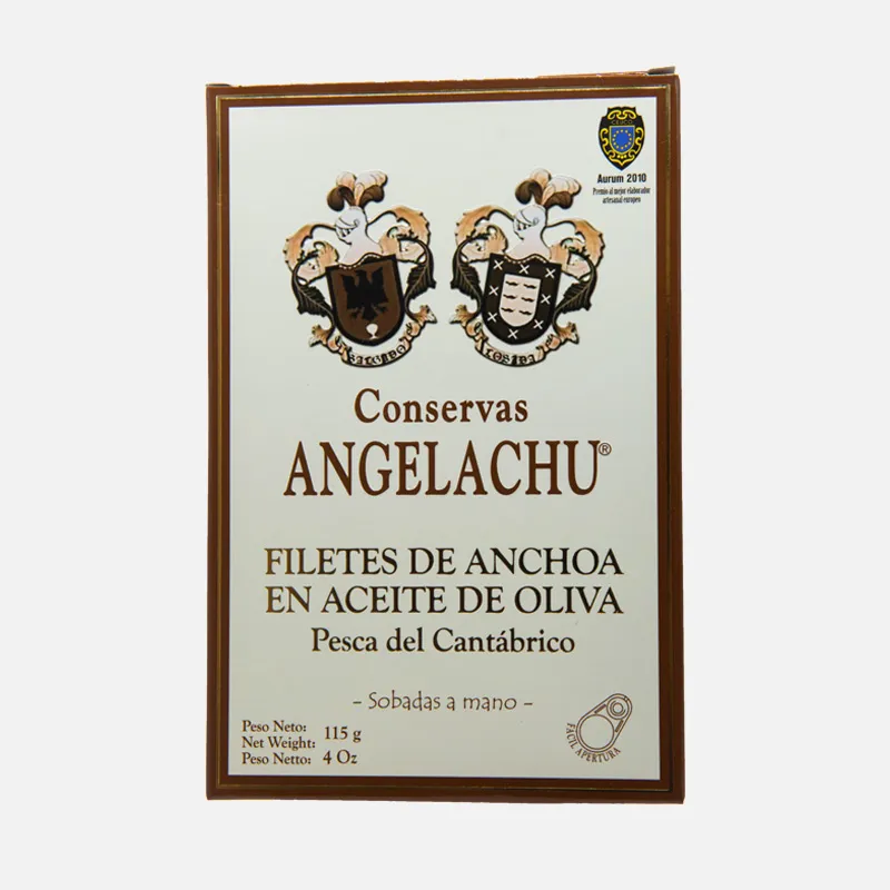 35 Etiqueta de conserva de filetes de anchoa en aceite de oliva de la marca Angelachu, destacando su origen y calidad. Ideal para aperitivos y recetas gourmet.