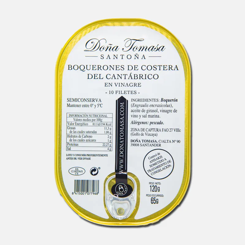 37 Boquerones de Cantabria en aceite de oliva, envase de 120 gramos, con información nutricional y de conservación en la etiqueta.