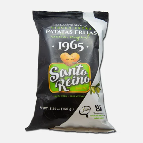 Paquete de patatas fritas Santo Reino, 1965, con un peso neto de 150 g. Diseño atractivo en tonos negros y verdes. Ideal para snack.