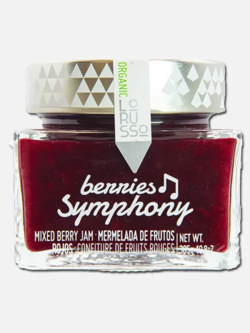 Tarro de mermelada "Bennies Symphony" con una mezcla de frutas, ideal para untar en panes y postres. Diseño elegante con tapa plateada.