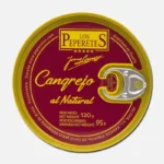 Lata de cangrejo al natural de Los Peperetes, con un diseño distintivo en tonos rojo y amarillo, que resalta su contenido de 120 gramos. Ideal para recetas de mariscos y aperitivos.