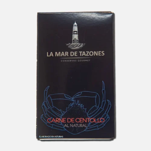 Paquete de carne de centolla de la marca La Mar de Tazones, con diseño elegante en fondo negro y gráfico de cangrejo. Ideal para platillos gourmet.