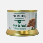 Lata de paté de jabalí de la marca El Taller, con trufas al Armagnac, presentada en un envase dorado y blanco.