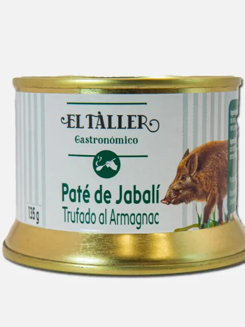 Lata de paté de jabalí de la marca El Taller, con trufas al Armagnac, presentada en un envase dorado y blanco.