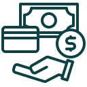 Icono de pago que muestra una mano sosteniendo una tarjeta de crédito y un billete, simbolizando transacciones financieras y gestión de dinero.